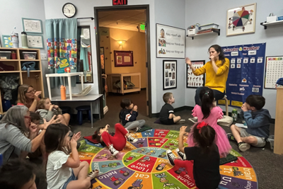 Brenna leading an interactive group activity with students